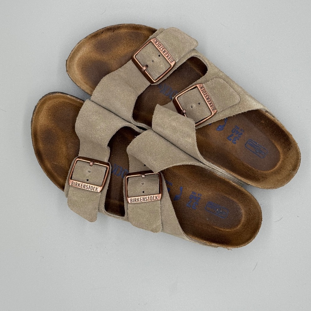 Birkenstock Arizona Soft Footbed Suede Taupe Sandals Size 37 L6 M4 Copper Buckle